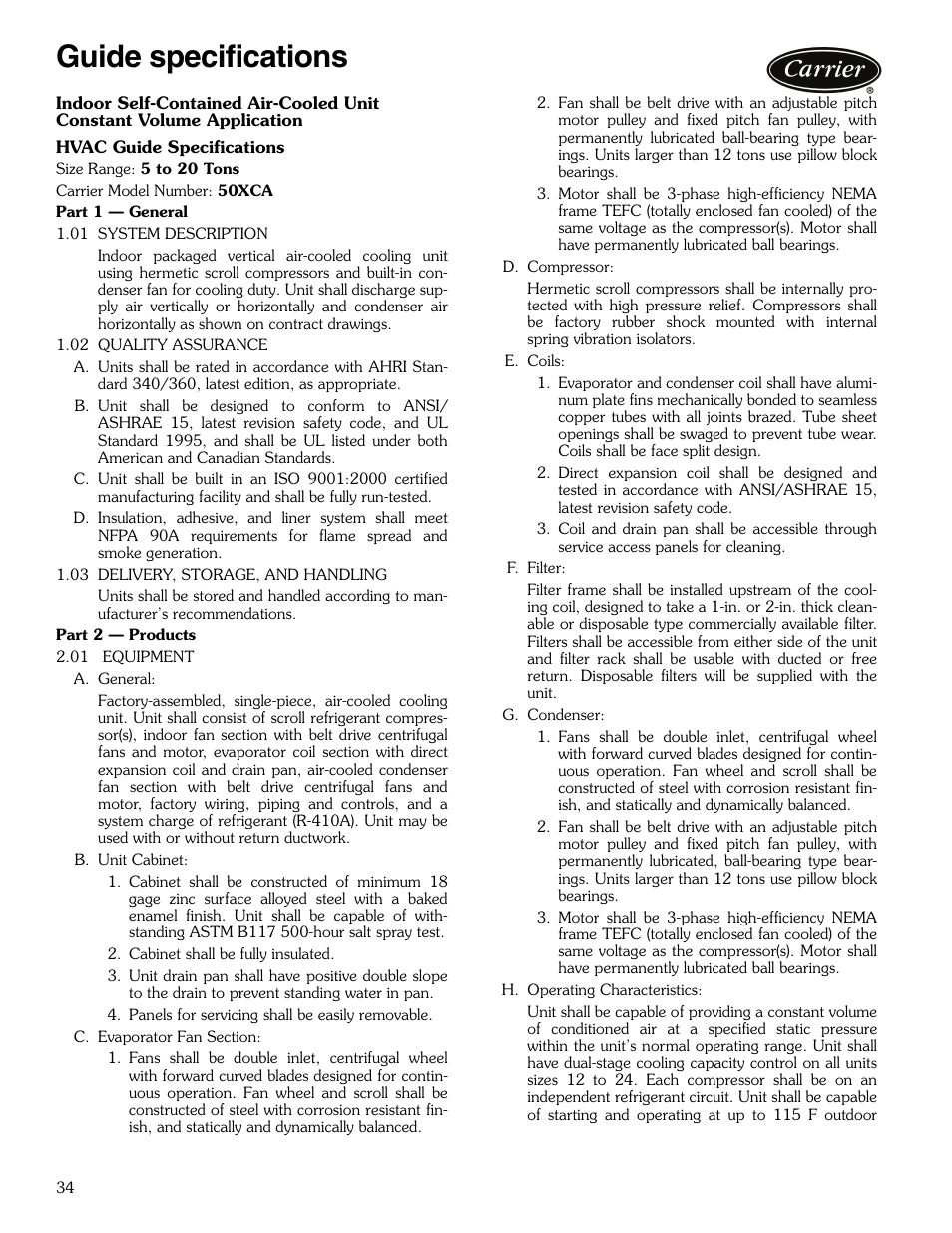 Guide specifications, Guide specifications ,35 | Carrier OMNIZONE 50XCA06-24 User Manual | Page 34 / 36