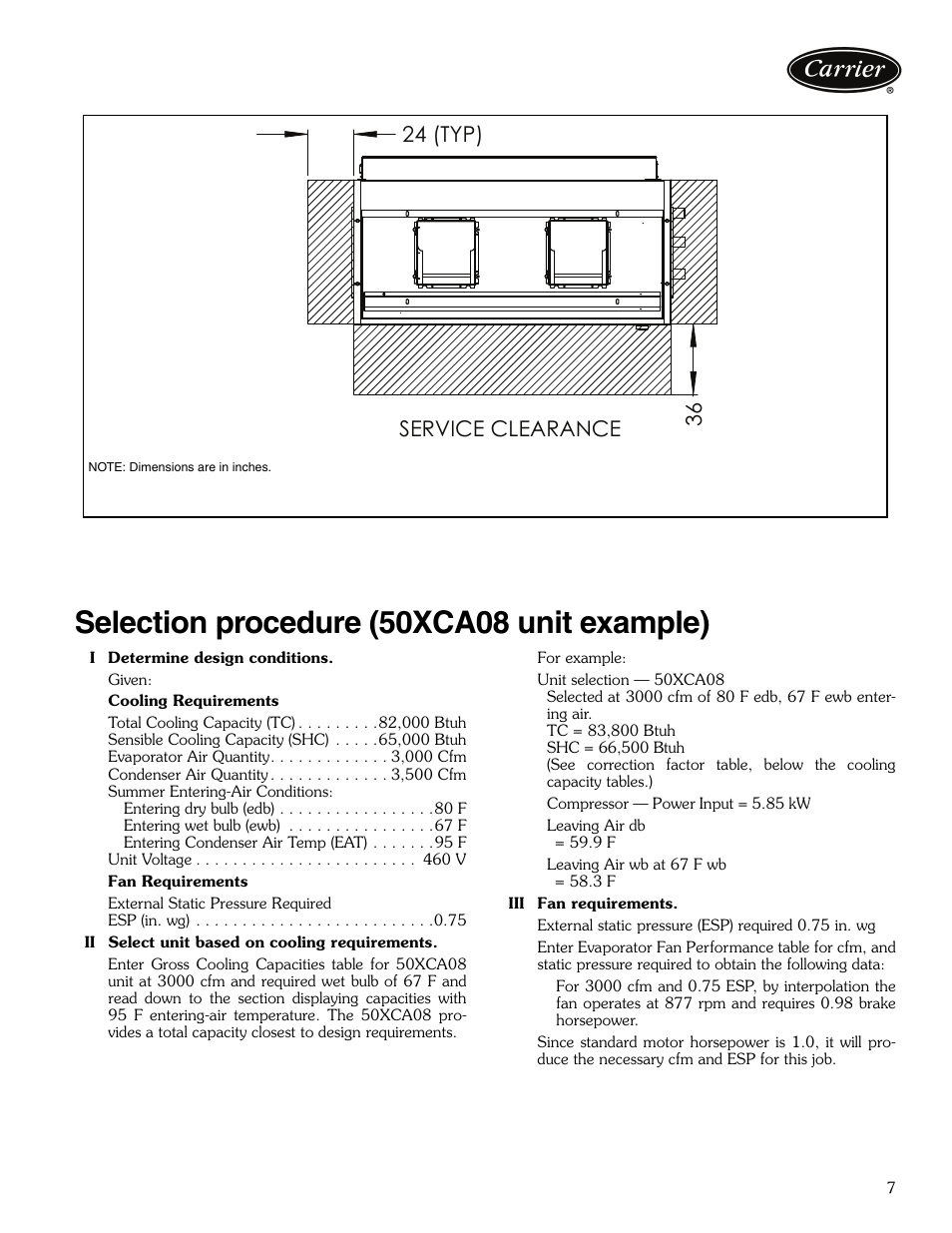 Selection procedure, Selection procedure (50xca08 unit example), 36 24 (typ) service clearance | Carrier OMNIZONE 50XCA06-24 User Manual | Page 7 / 36