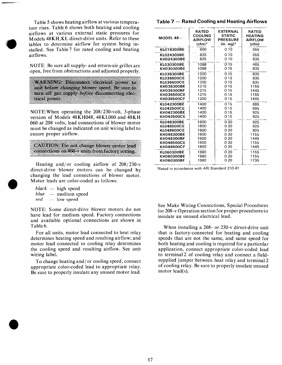 Iecfeicai power to . bo «tire to, Caotion: do clm^ hioweshiaotoe' lead, Eone£ercti.<j53ss onits from factory settisa | Table 7 — rated cooling and heating airflows | Carrier 48KH User Manual | Page 17 / 24