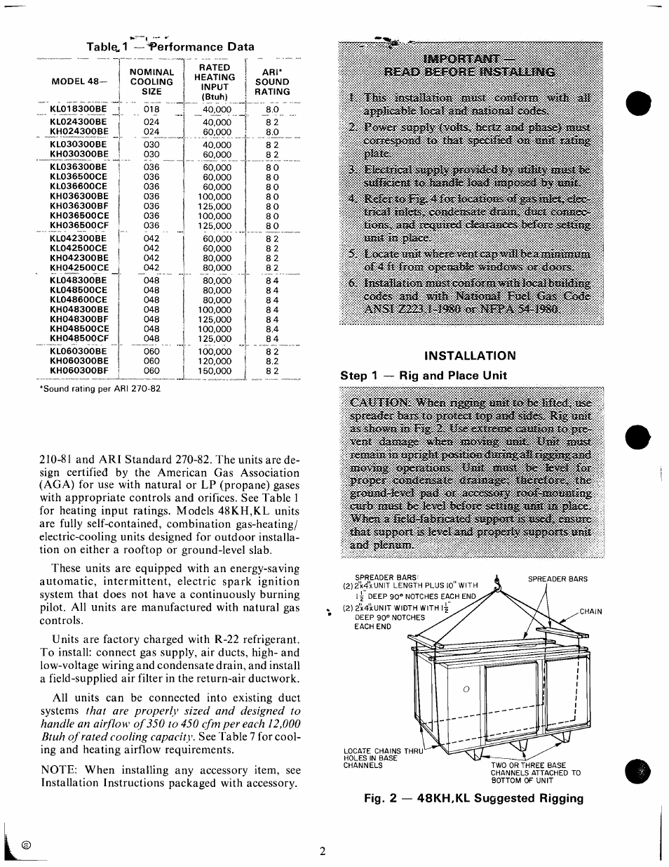 Tablet. 1 —performance data, Installation step 1 — rig and place unit | Carrier 48KH User Manual | Page 2 / 24