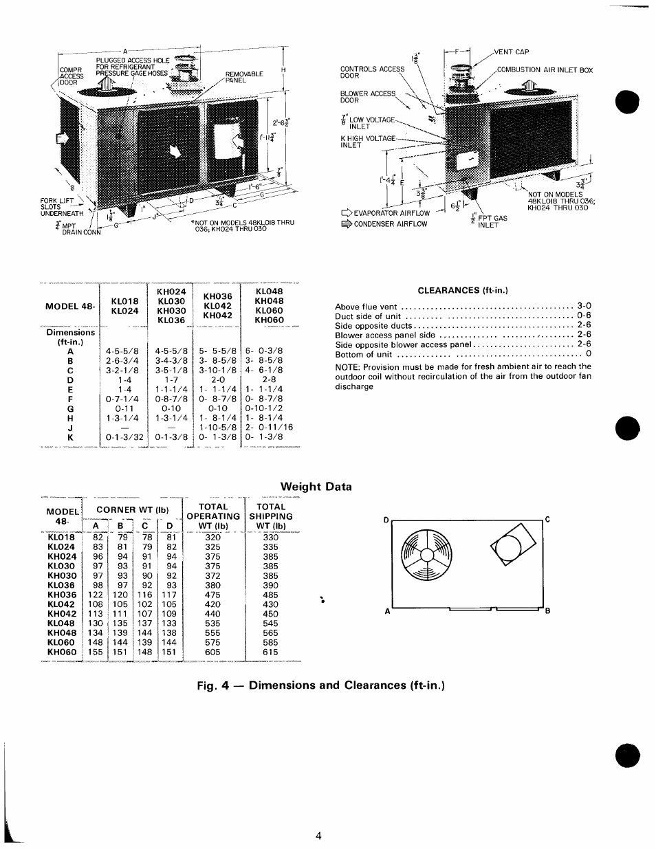 Weight data, Fig. 4 — dimensions and clearances (ft-in.), Lv ^4 | Carrier 48KH User Manual | Page 4 / 24