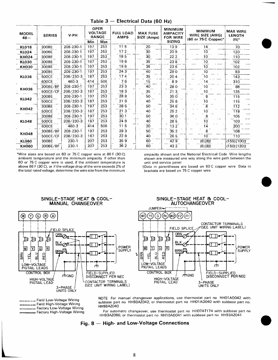 Single-stage heat a cool- manual changeover, Single-stage heat 8 cool- autochangeover, Fig. 8 — high- and low-voltage connections | Table 3 — electrical data (60 hz) | Carrier 48KH User Manual | Page 8 / 24