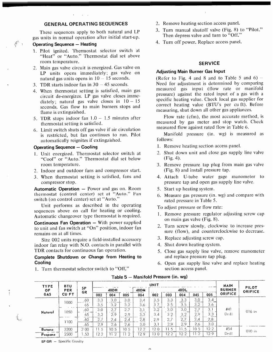 General operating sequences, Service, Turn thermostat selector switch to “off | Carrier 48DH User Manual | Page 9 / 13