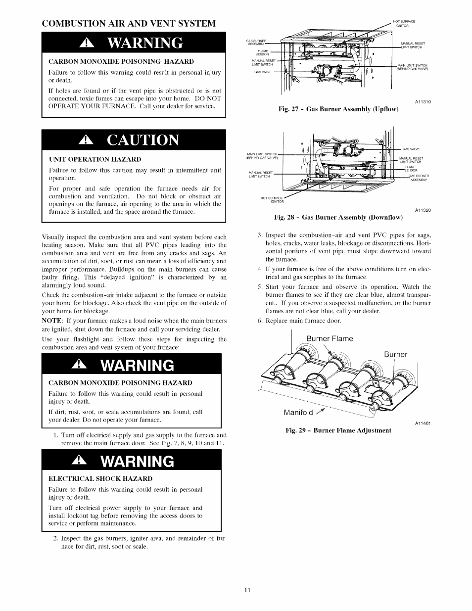 Combustion air and vent system, A warning, Carbon monoxide poisoning hazard | A caution, Unit operation hazard, Warning, Electrical shock hazard, Combustion area and vent system | Carrier Furnace User Manual | Page 11 / 56