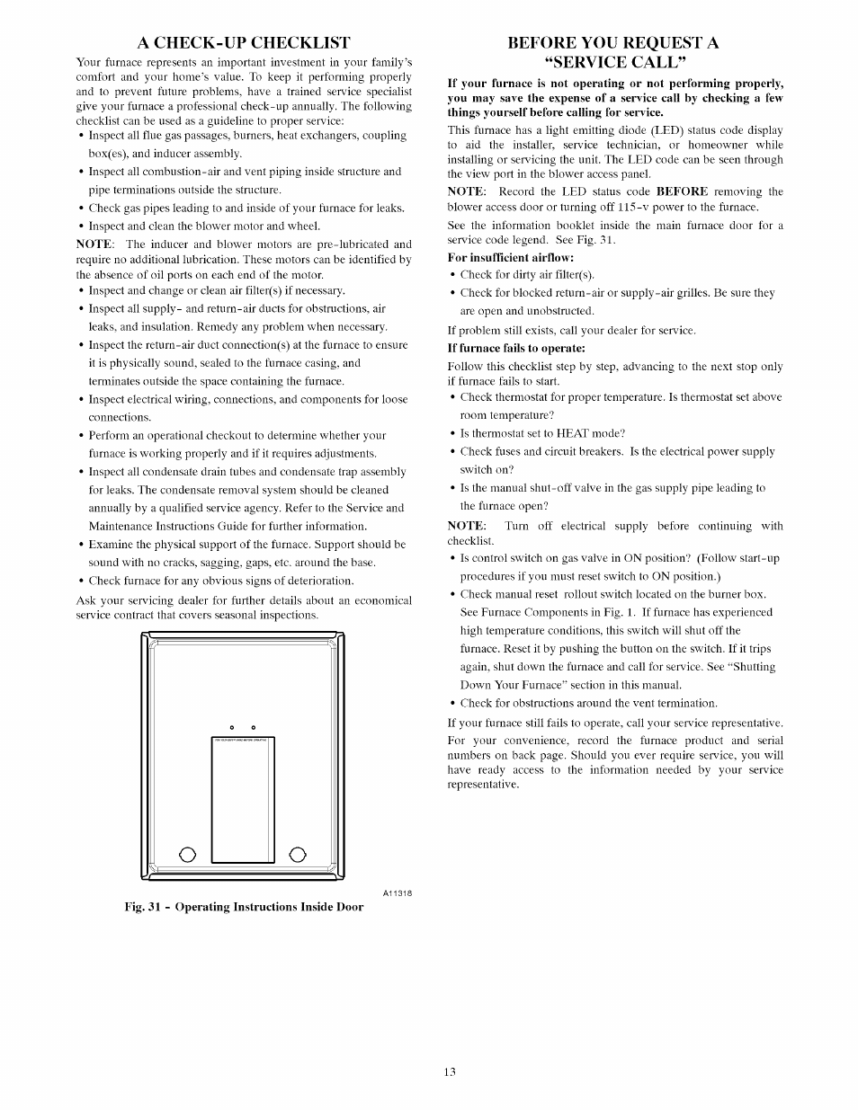 A check-up checklist, Before you request a “service call, Before you reouest a service call | Carrier Furnace User Manual | Page 13 / 56