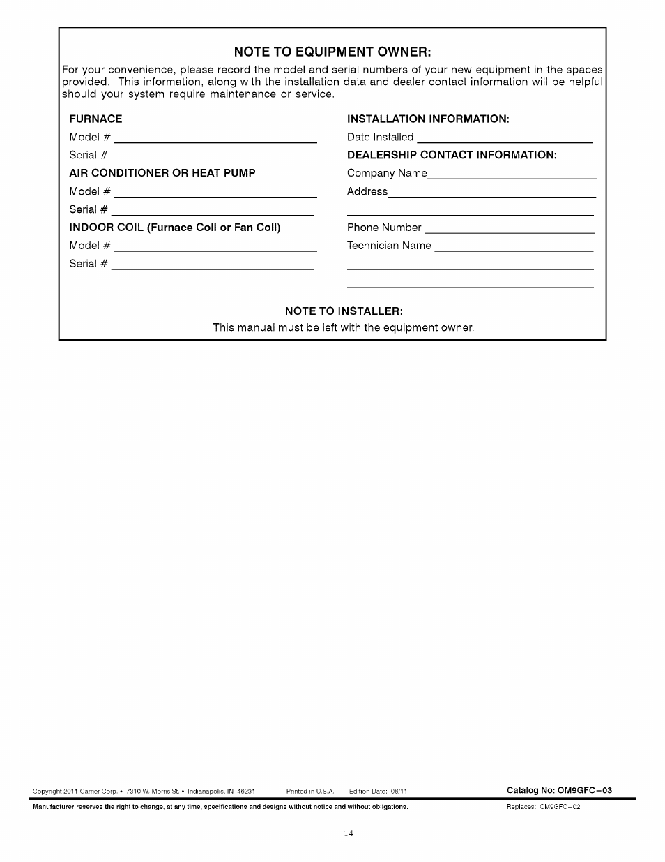 Furnace, Installation information, Air conditioner or heat pump | Dealership contact information, Note to installer | Carrier Furnace User Manual | Page 14 / 56