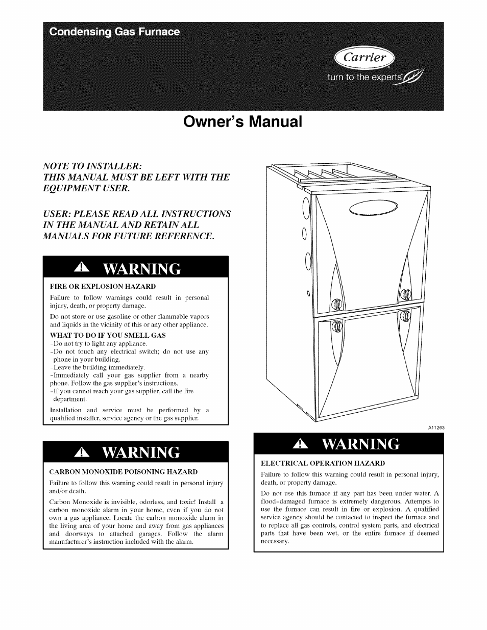 Owner’s manual, A. warning, Fire or explosion hazard | What to do if you smell gas, A warning, Carbon monoxide poisoning hazard, Electrical operation hazard | Carrier Furnace User Manual | Page 15 / 56