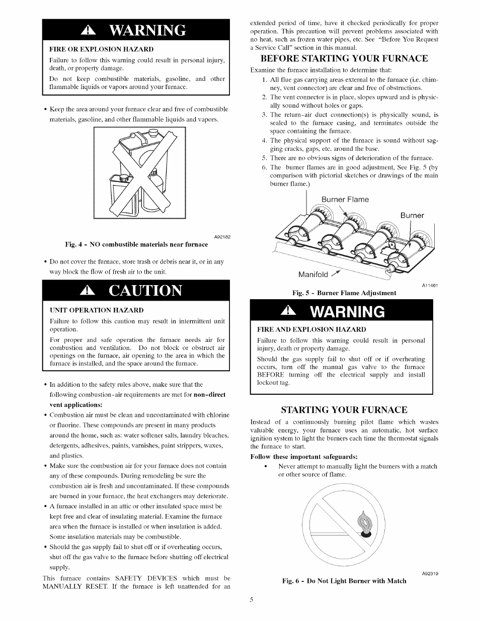 A warning, A caution, Before starting your furnace | Starting your furnace, Shutting down your furnace, Warning | Carrier Furnace User Manual | Page 19 / 56