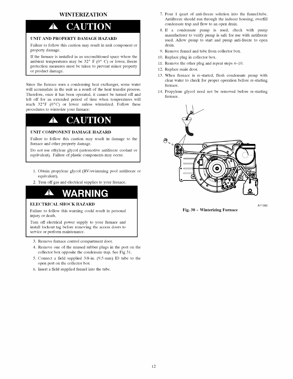 Winterization, A caution, Unit and property damage hazard | Unit component damage hazard, Warning, Electrical shock hazard | Carrier Furnace User Manual | Page 26 / 56