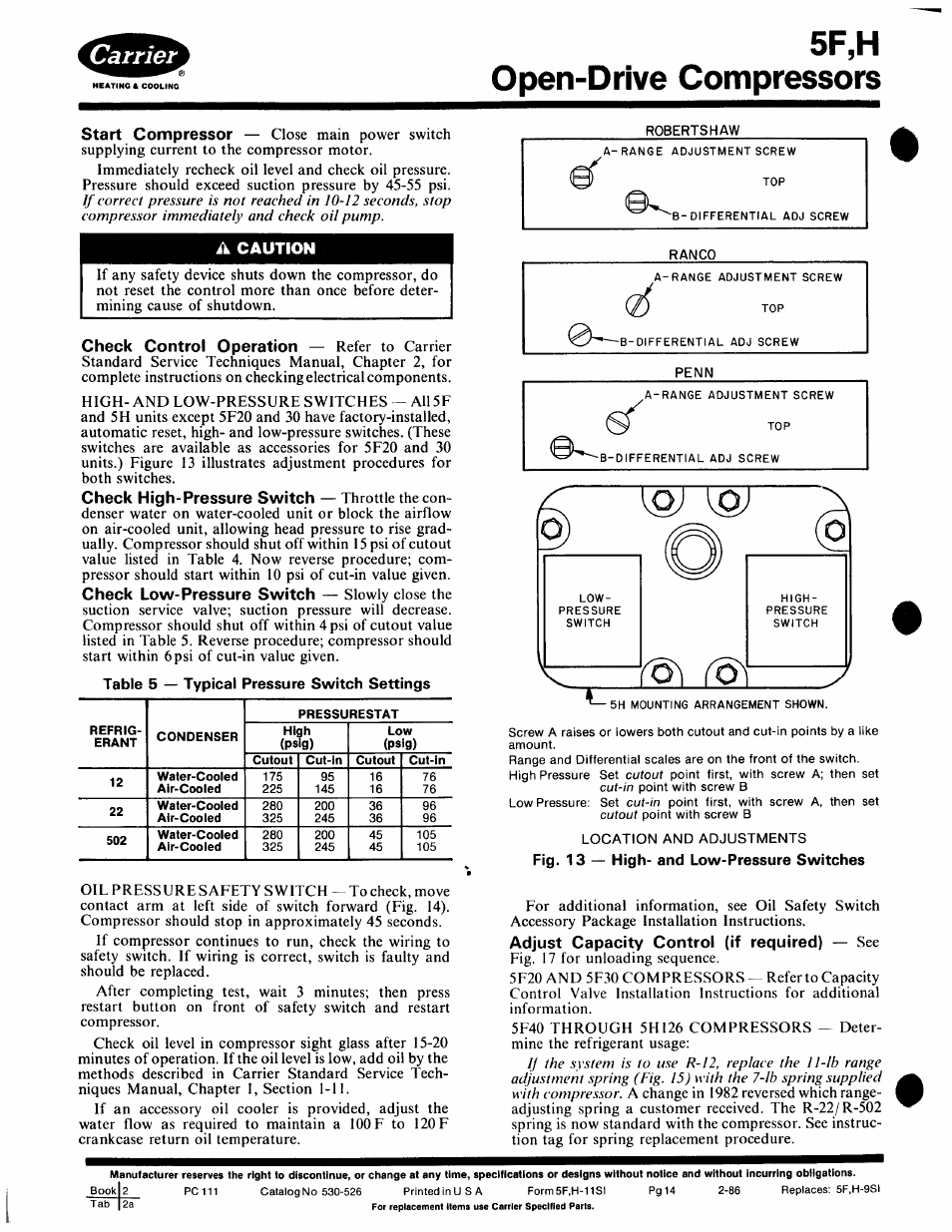 A caution, Adjust capacity control (if required) — see, Adjust capacity control (if required) | 5f,h open-drive compressors, Caution | Carrier 5F User Manual | Page 14 / 40