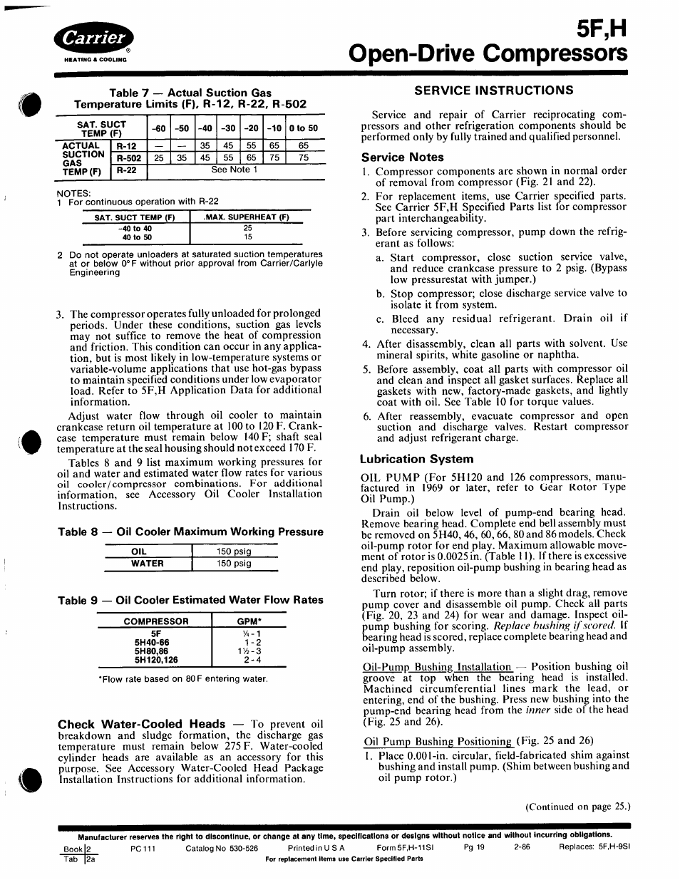 Service instructions, Service notes, Lubrication system | 5f,h open-drive compressors | Carrier 5F User Manual | Page 19 / 40