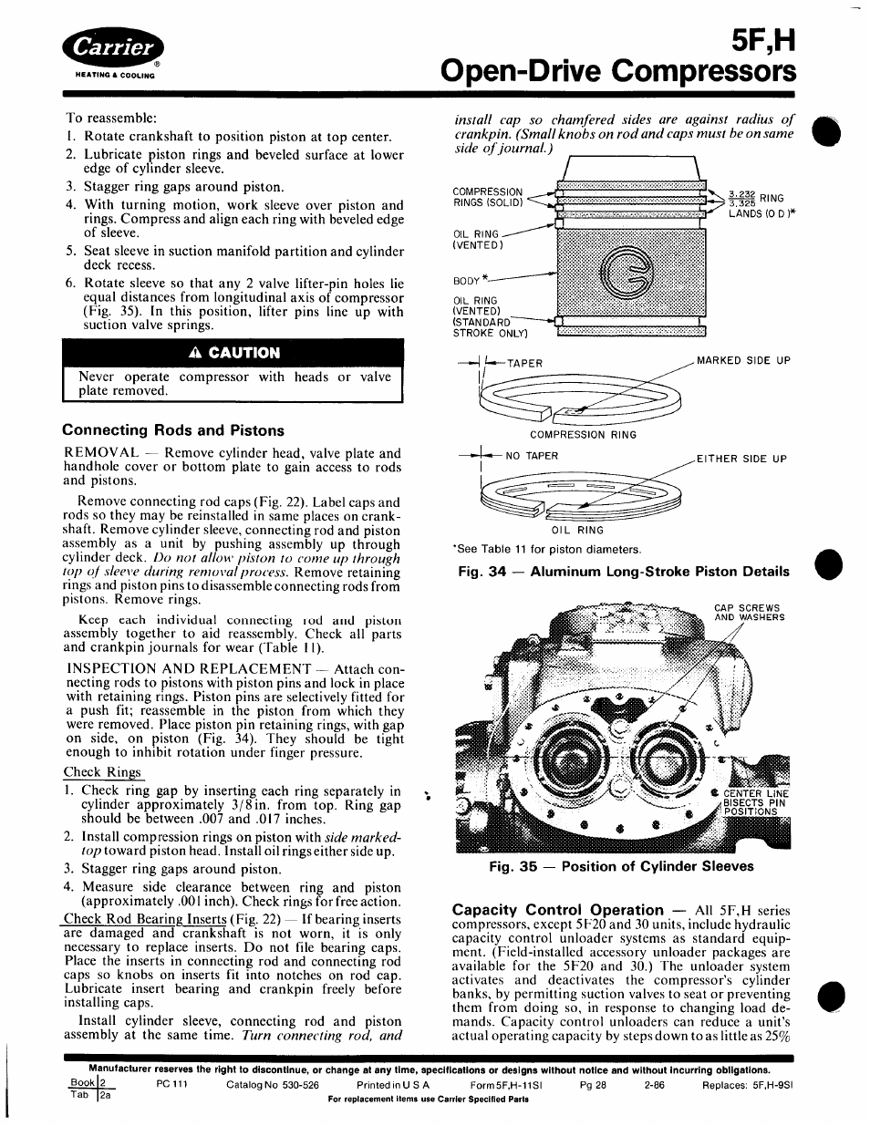Connecting rods and pistons, 5f,h open-drive compressors | Carrier 5F User Manual | Page 28 / 40