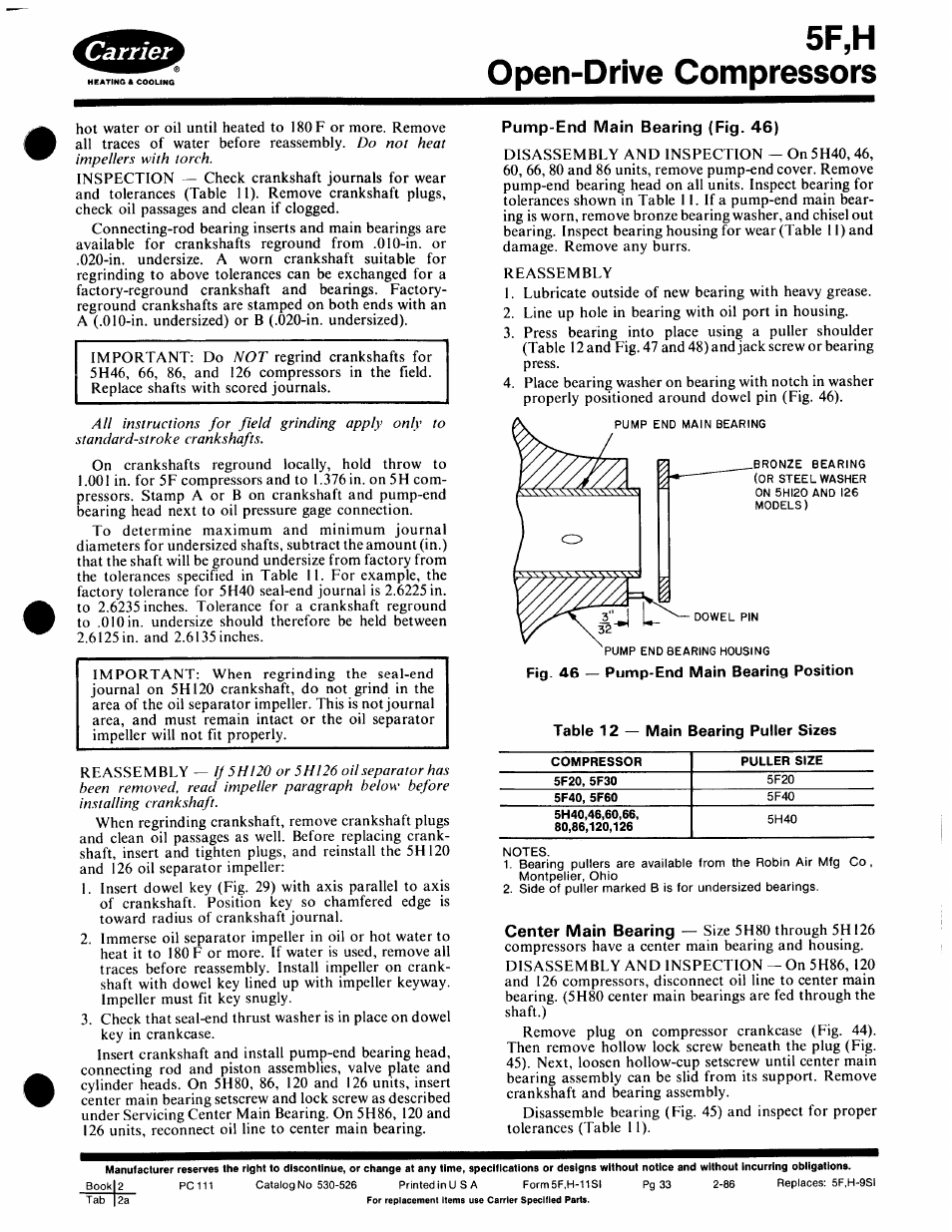 Pump-end main bearing (fig. 46), Pump-end main bearing, 5f,h open-drive compressors | Carrier 5F User Manual | Page 33 / 40