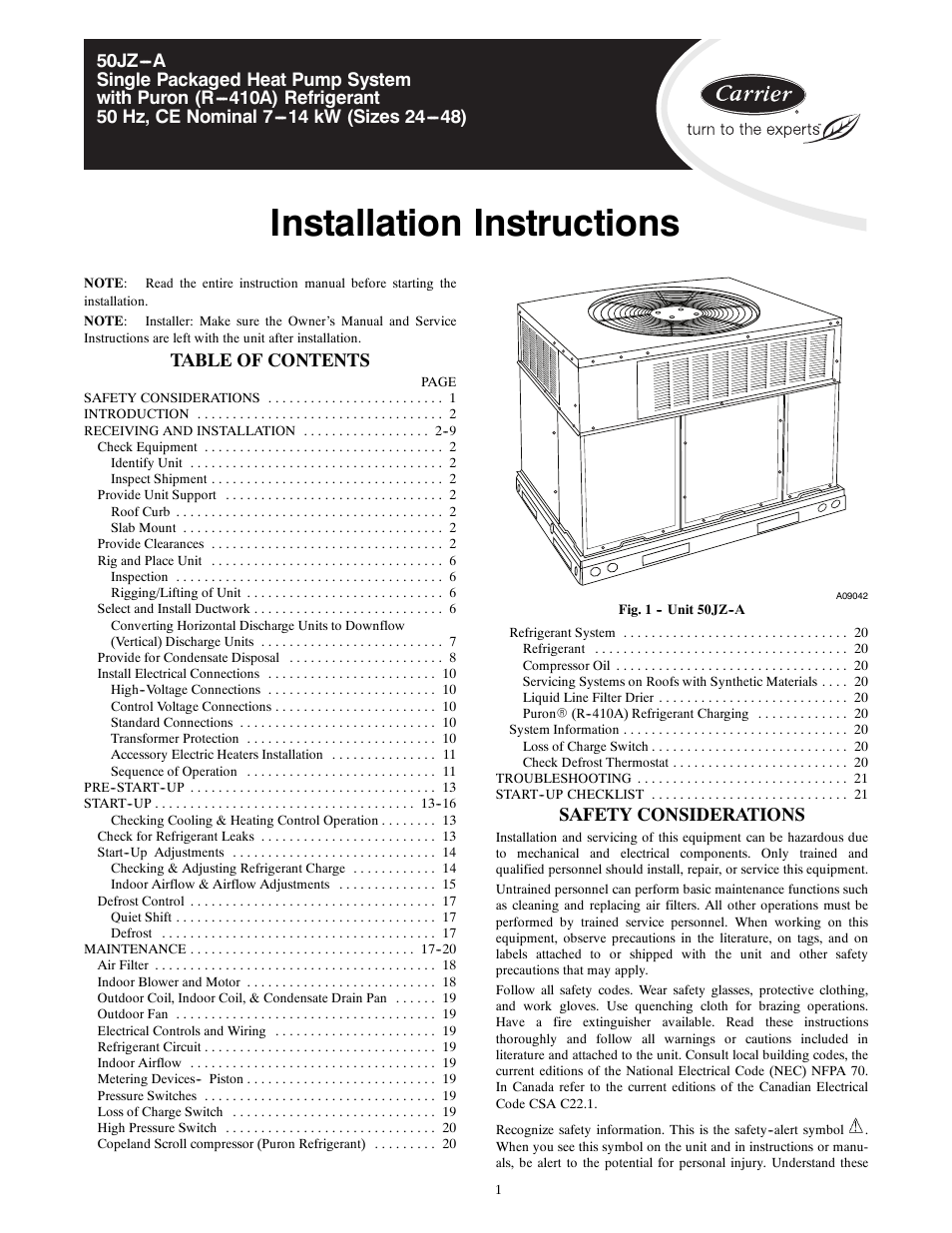 Carrier 50JZ-A User Manual | 24 pages