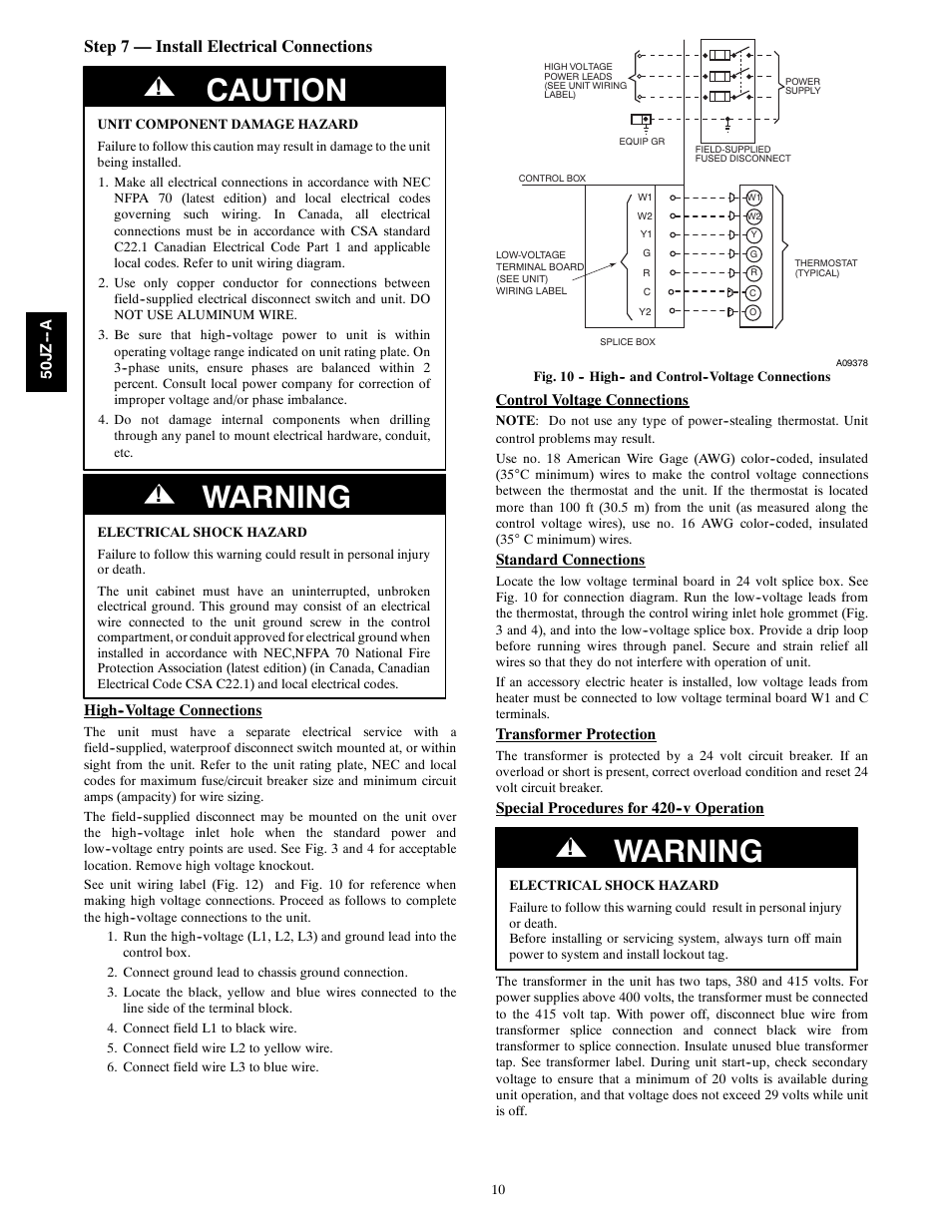 Caution, Warning, Step 7 — install electrical connections | Carrier 50JZ-A User Manual | Page 10 / 24