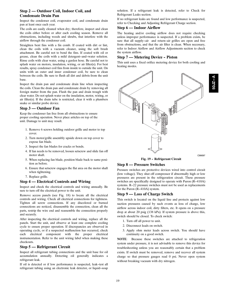 Step 3 — outdoor fan, Step 4 — electrical controls and wiring, Step 5 — refrigerant circuit | Step 6 — indoor airflow, Step 7 — metering device -- piston, Step 8 — pressure switches, Step 9 — loss of charge switch | Carrier 50JZ-A User Manual | Page 19 / 24