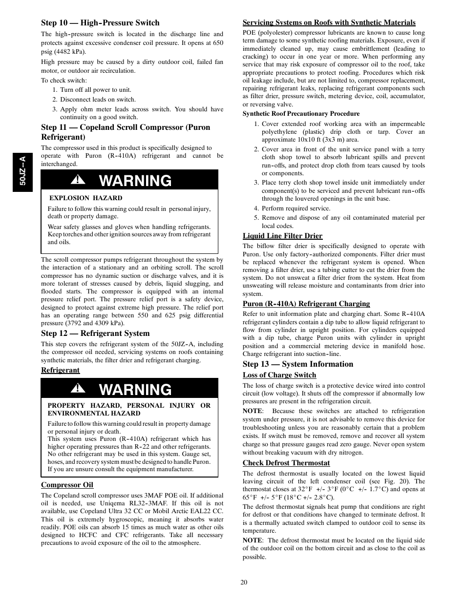 Warning | Carrier 50JZ-A User Manual | Page 20 / 24