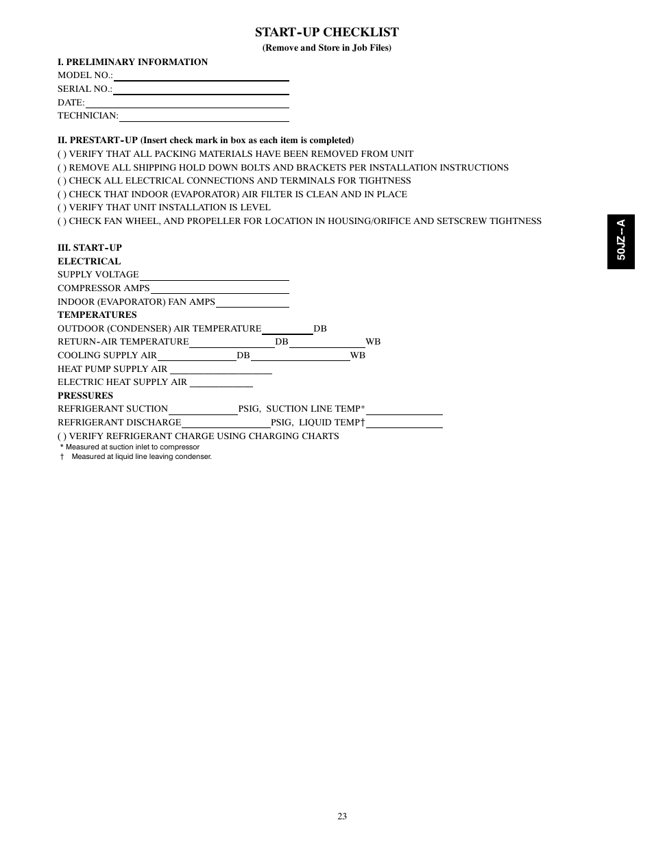 Start--up checklist | Carrier 50JZ-A User Manual | Page 23 / 24