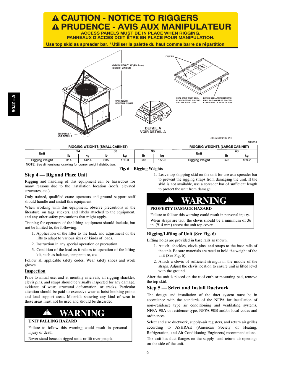 Warning, Step 4 — rig and place unit, Step 5 — select and install ductwork | Carrier 50JZ-A User Manual | Page 6 / 24