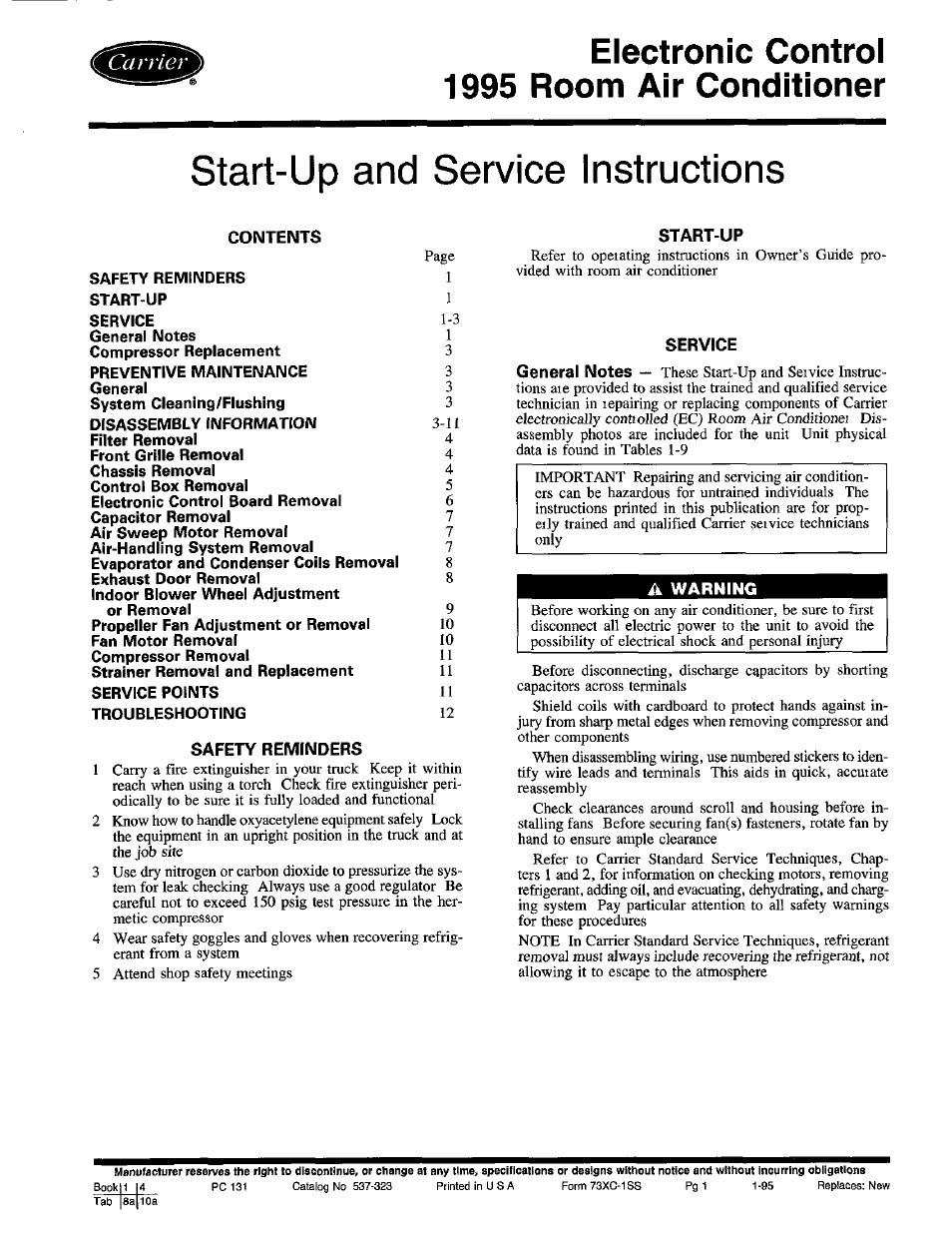 Carrier 1995 Room Air User Manual | 12 pages