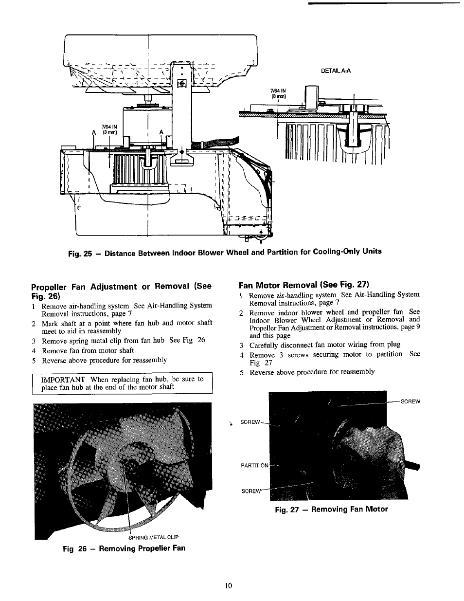 Propeller fan adjustment or removal (see fig. 26), Fan motor removal (see fig. 27), Propeller fan adjustment or removal | Carrier 1995 Room Air User Manual | Page 10 / 12