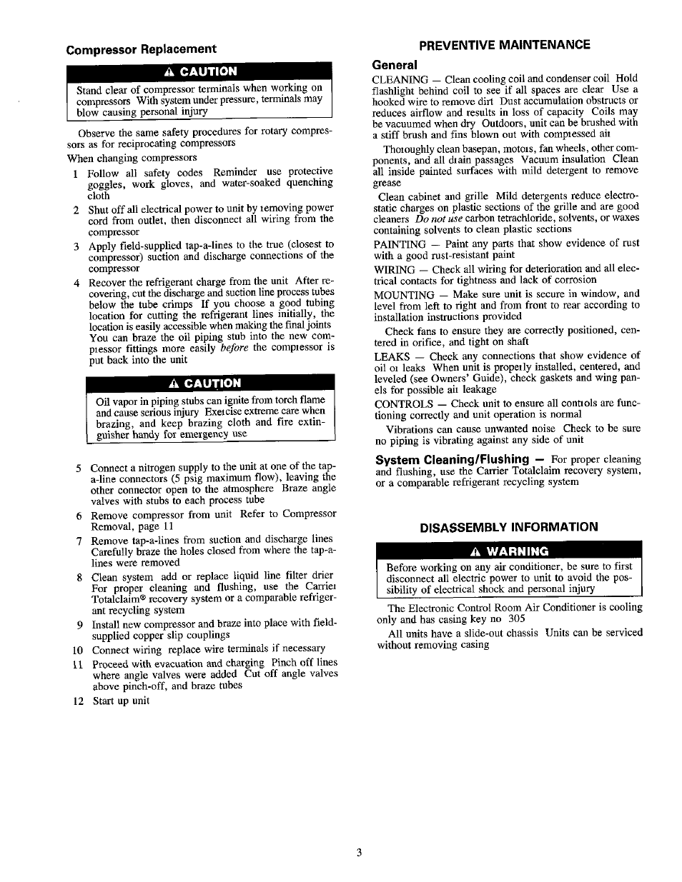 Compressor replacement, A caution, Preventive maintenance | General, Disassembly information, A warning | Carrier 1995 Room Air User Manual | Page 3 / 12