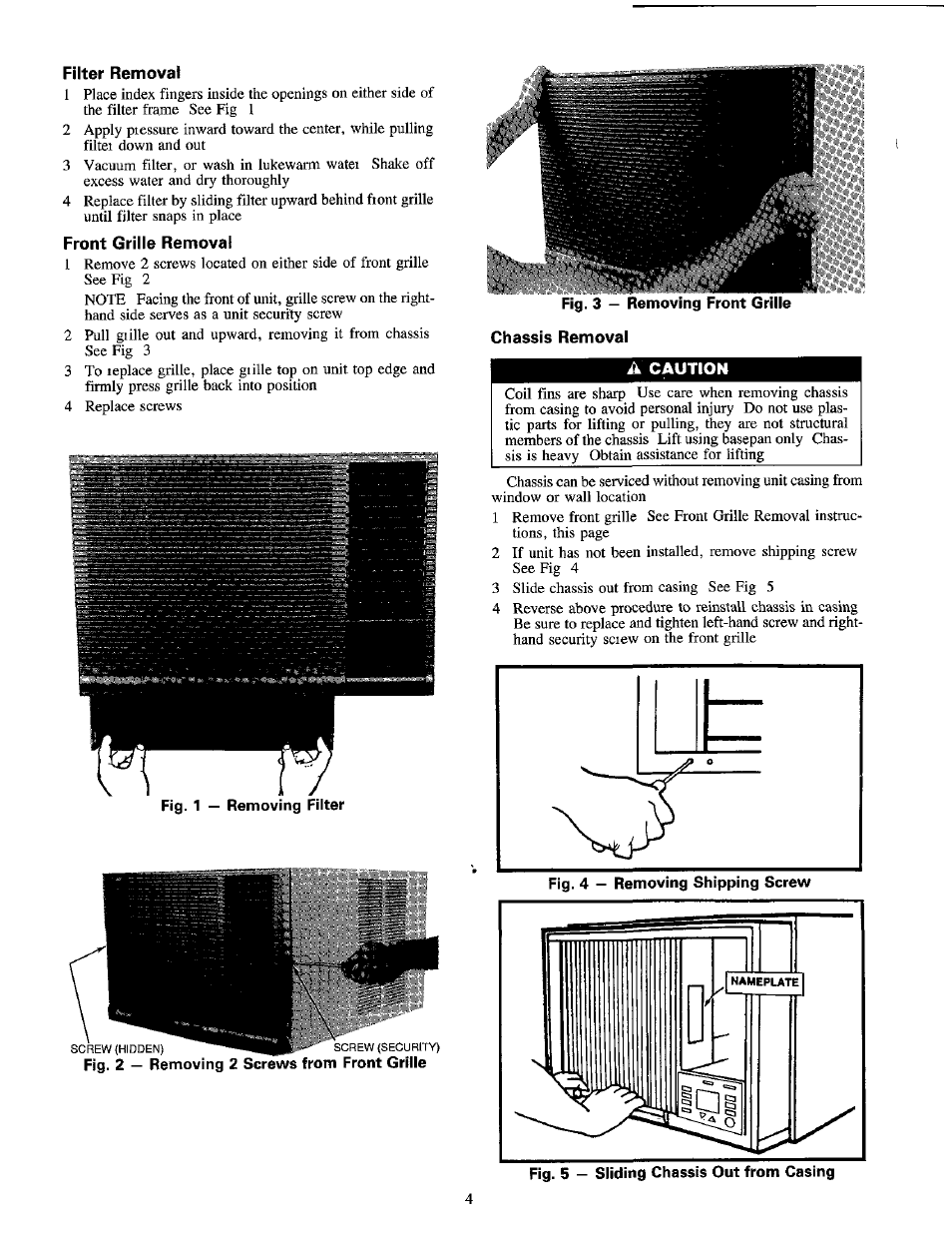 Filter removal, Front grille removal, A cautioh | Carrier 1995 Room Air User Manual | Page 4 / 12