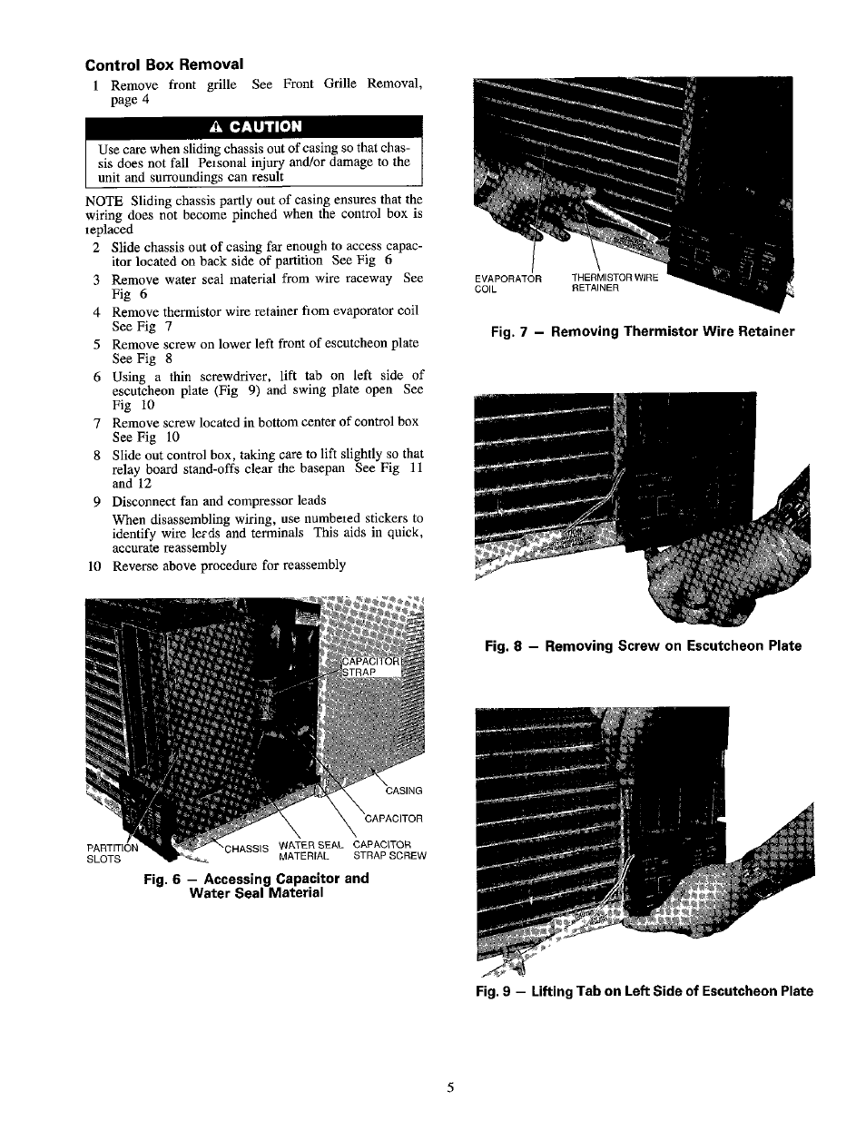 Control box removal, A caution | Carrier 1995 Room Air User Manual | Page 5 / 12