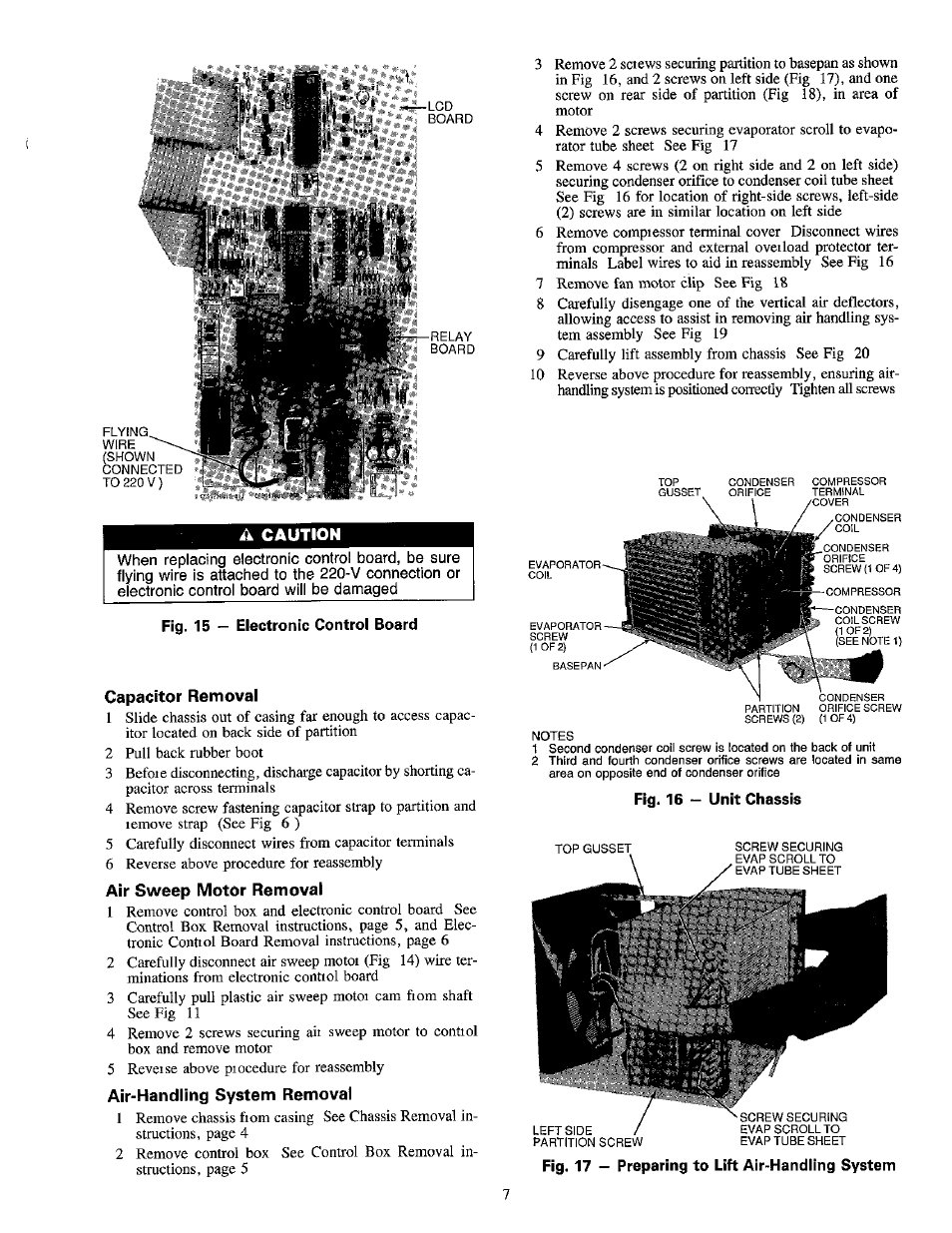 A caution, Fig. 15 — electronic control board, Capacitor removal | Air sweep motor removal, Air-handling system removal | Carrier 1995 Room Air User Manual | Page 7 / 12