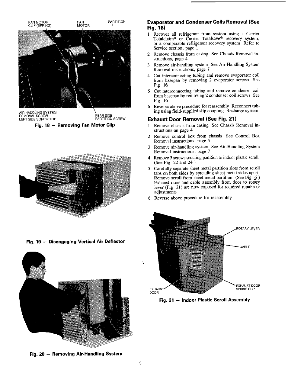 Exhaust door removal (see fig. 21), Evaporator and condenser coils removal | Carrier 1995 Room Air User Manual | Page 8 / 12