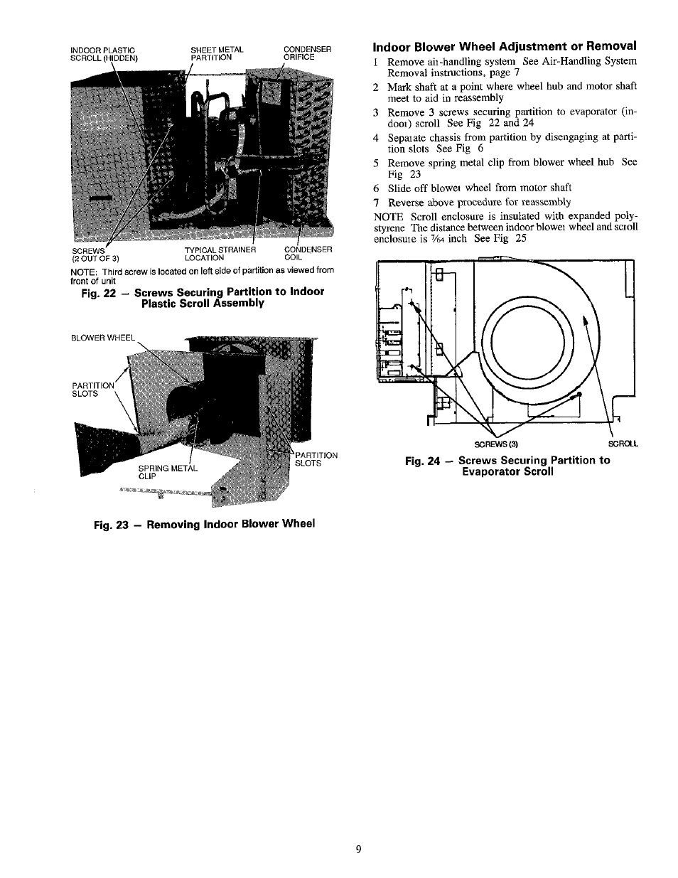 Indoor blower wheel adjustment or removal, Indoor blower wheel adjustment, Or removal | Carrier 1995 Room Air User Manual | Page 9 / 12