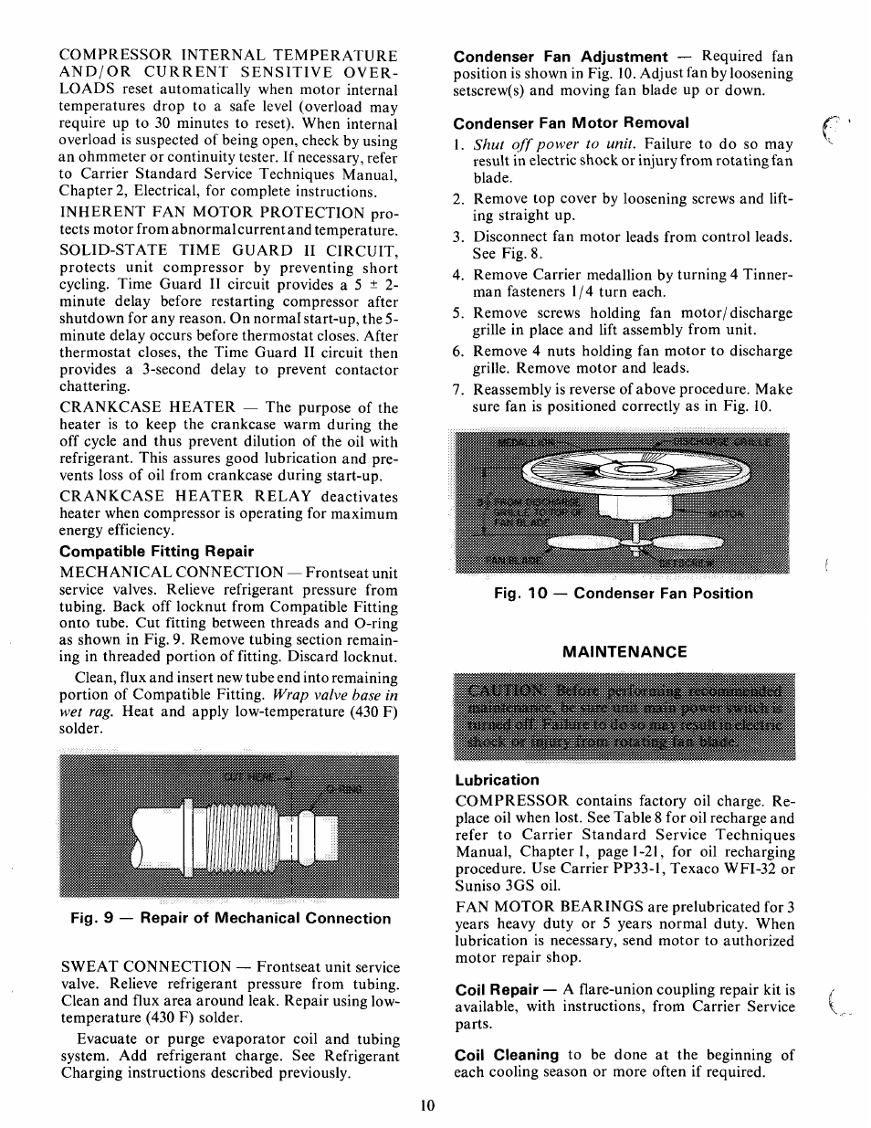 Compatible fitting repair, Condenser fan adjustment — required fan, Condenser fan motor removal | Maintenance, Lubrication | Carrier 38ED User Manual | Page 10 / 12