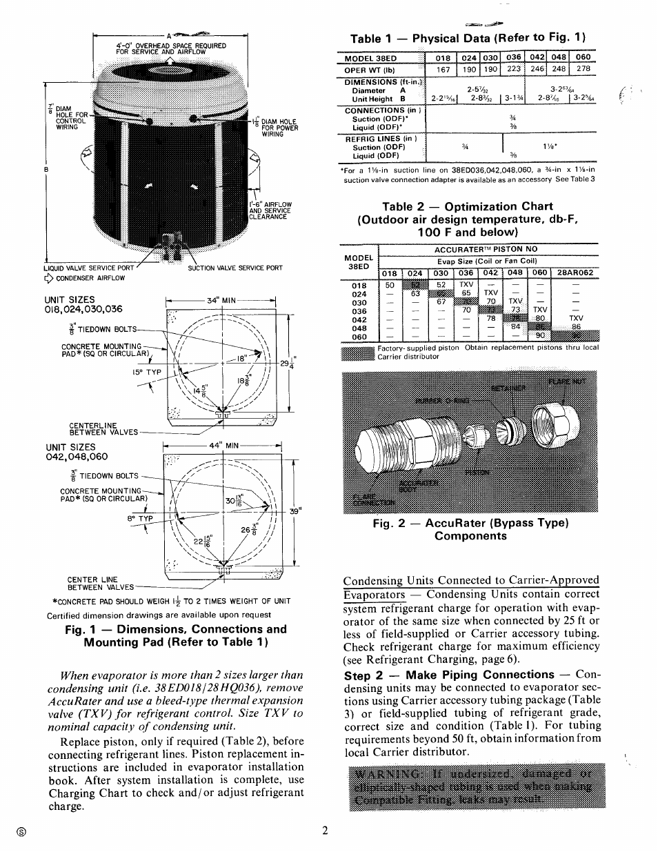 Table 1 — physical data (refer to fig. 1), Fig. 2 — accurater (bypass type) components, Step 2 — make piping connections | Carrier 38ED User Manual | Page 2 / 12