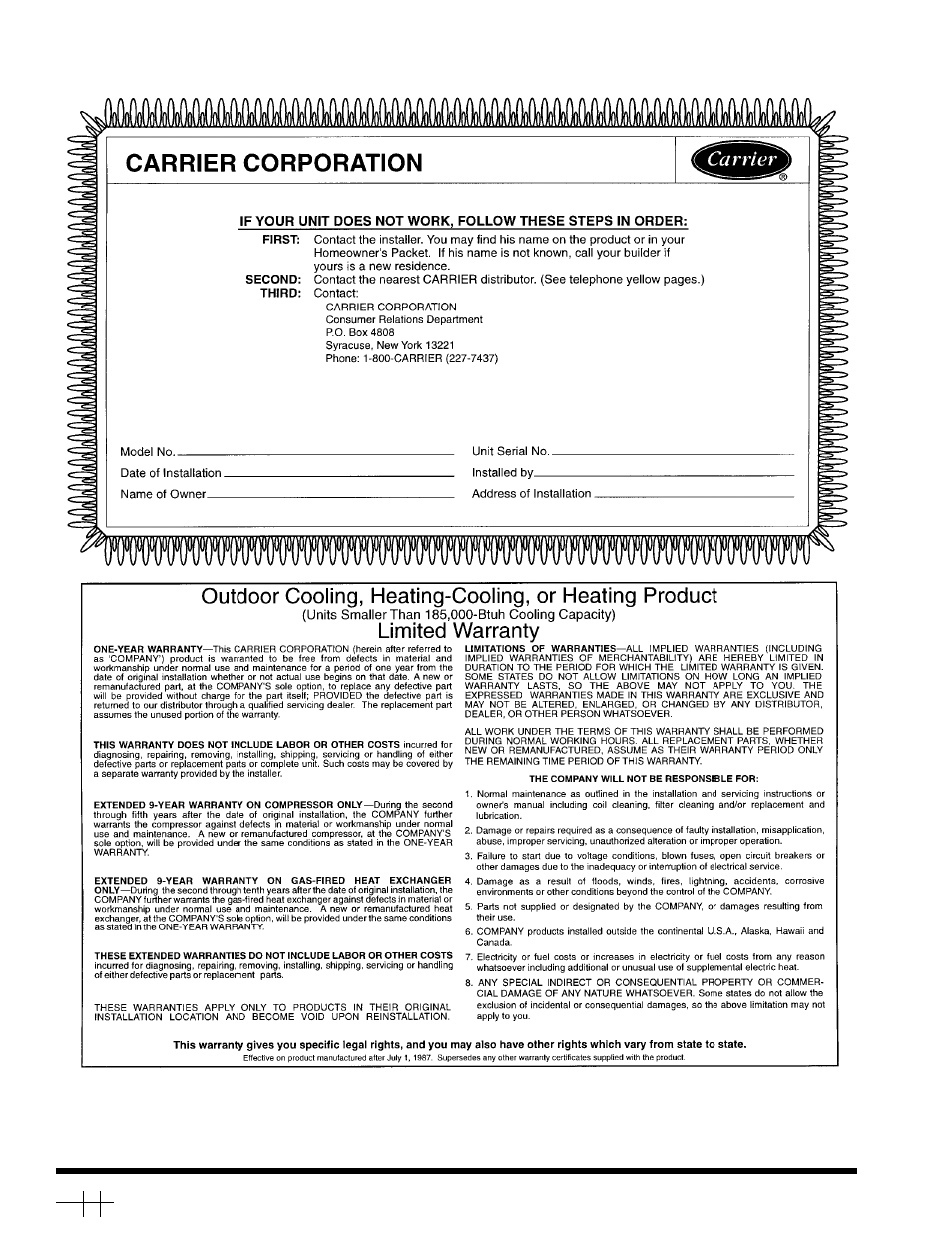 Model 48sx warranty | Carrier 48SX User Manual | Page 12 / 12