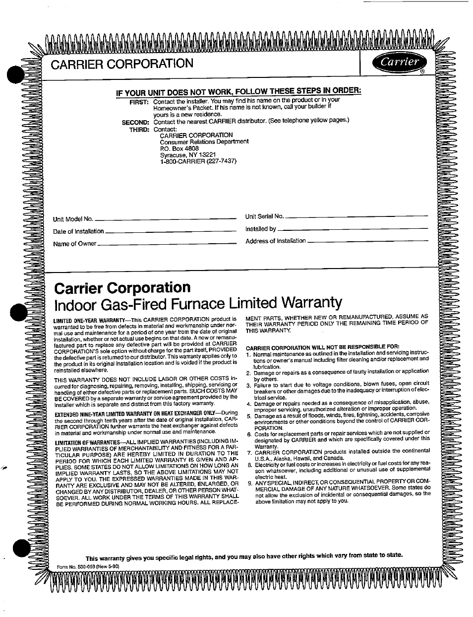 Indoor gas-fired furnace limited warranty, Carrier corporation | Carrier 58RAP User Manual | Page 11 / 12