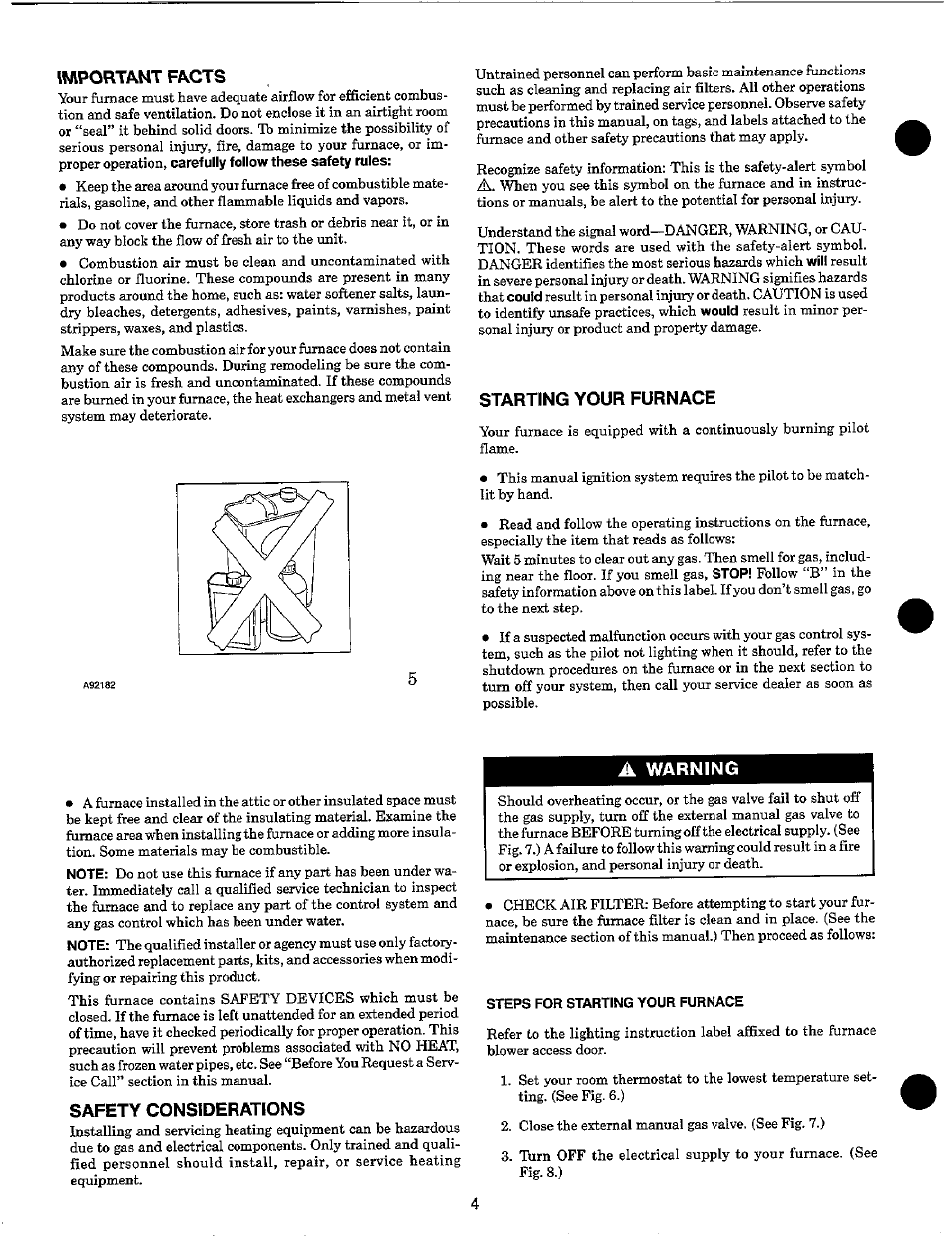 Important facts, Starting your furnace, Safety considerations | A warning, Warning | Carrier 58RAP User Manual | Page 6 / 12