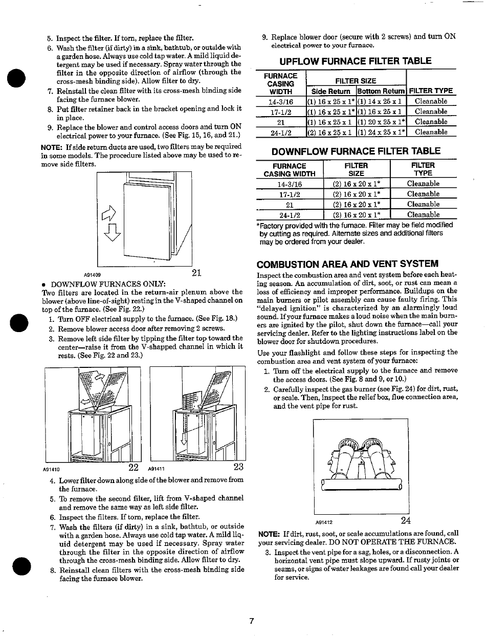 Upflow furnace filter table, Downflow furnace filter table, Combustion area and vent system | Carrier 58RAP User Manual | Page 9 / 12