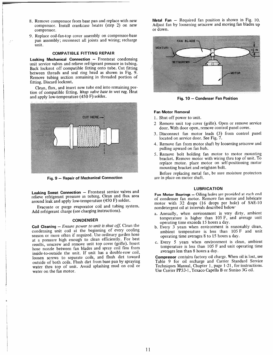 Compatible fitting repair, Fig. 9 — repair of mechanical connection, Fan motor removal | Condenser, Lubrication | Carrier 38SE User Manual | Page 11 / 12
