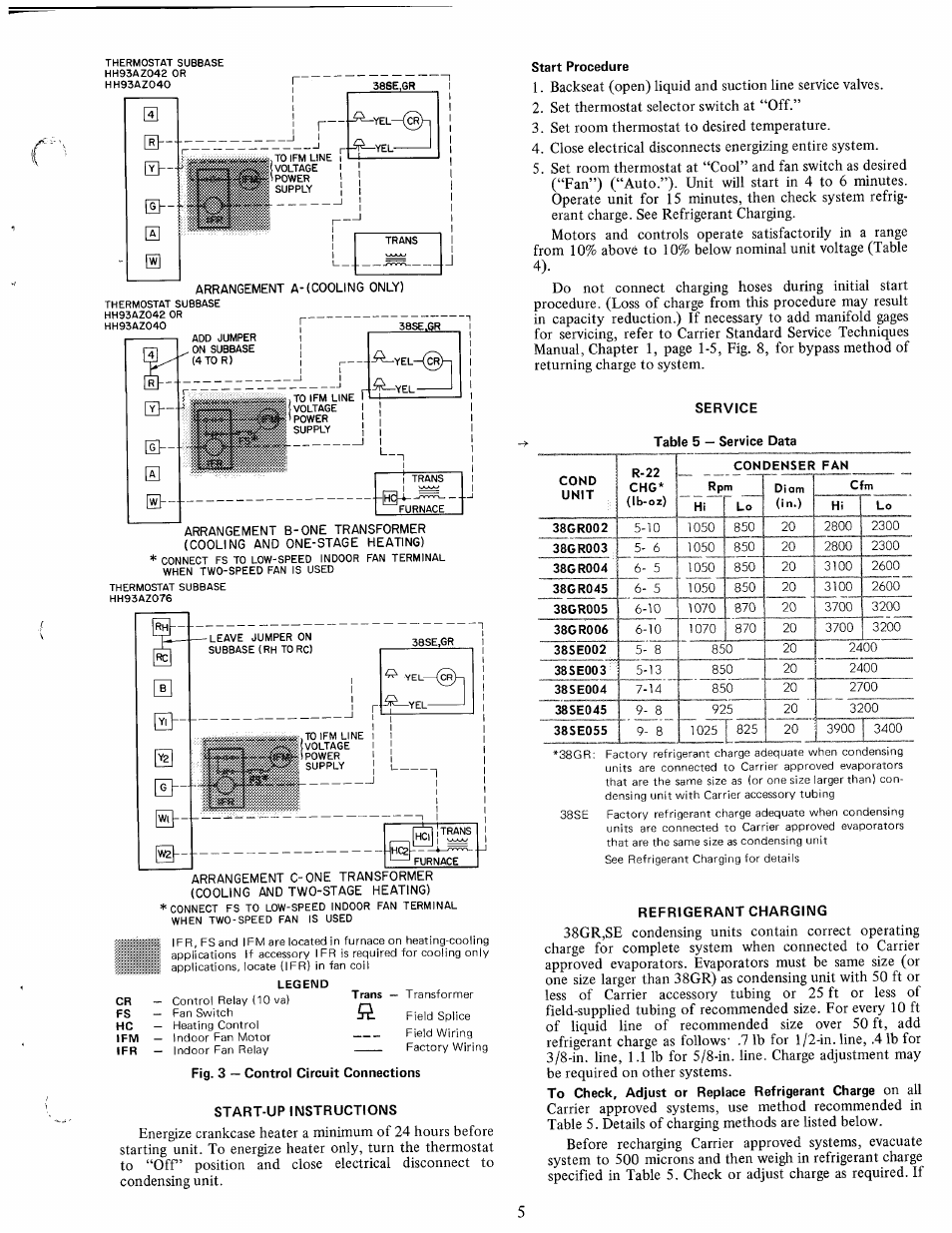 Start-up instructions, Start procedure, Service | Refrigerant charging, N0 &■ 0 | Carrier 38SE User Manual | Page 5 / 12