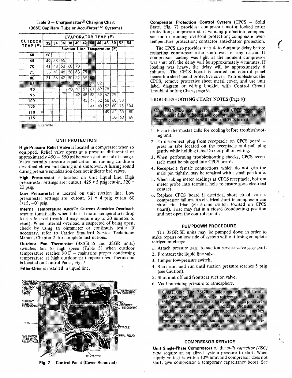 Unit protection, Pumpdown procedure, Compressor service | Carrier 38SE User Manual | Page 8 / 12