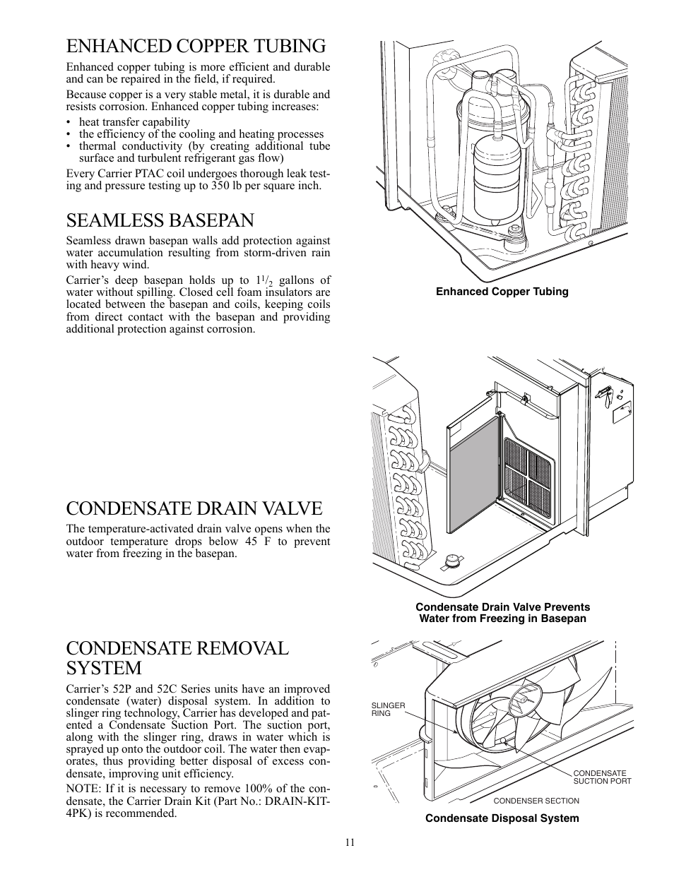 Enhanced copper tubing, Seamless basepan, Condensate drain valve | Condensate removal system | Carrier Packaged Terminal s & Heat Pumps 52P User Manual | Page 11 / 56