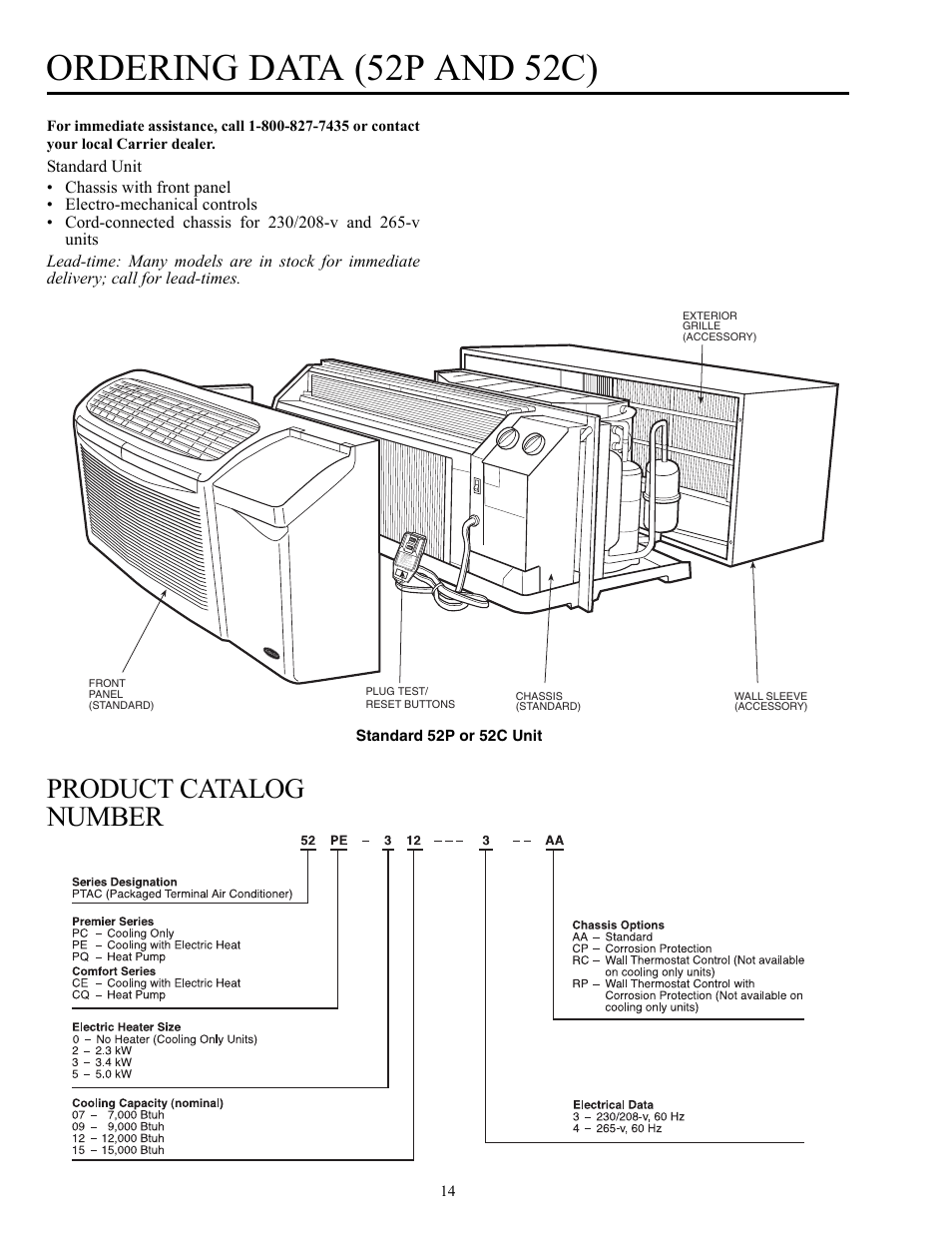 Ordering data (52p and 52c), Product catalog number | Carrier Packaged Terminal s & Heat Pumps 52P User Manual | Page 14 / 56