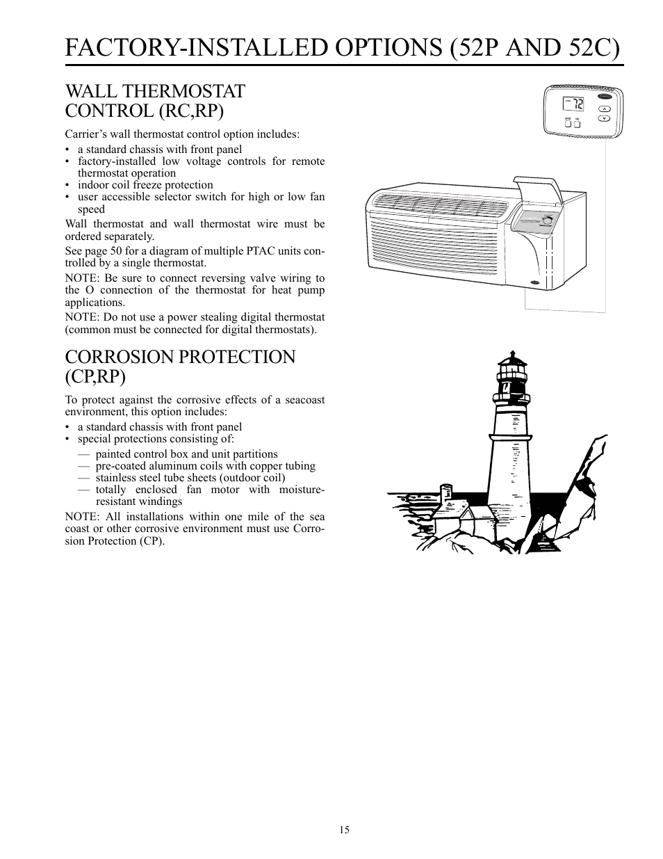 Factory-installed options (52p and 52c), Wall thermostat control (rc,rp), Corrosion protection (cp,rp) | Carrier Packaged Terminal s & Heat Pumps 52P User Manual | Page 15 / 56