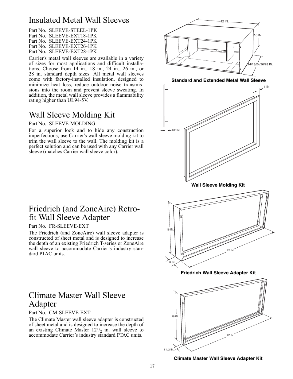 Insulated metal wall sleeves, Wall sleeve molding kit, Climate master wall sleeve adapter | Carrier Packaged Terminal s & Heat Pumps 52P User Manual | Page 17 / 56