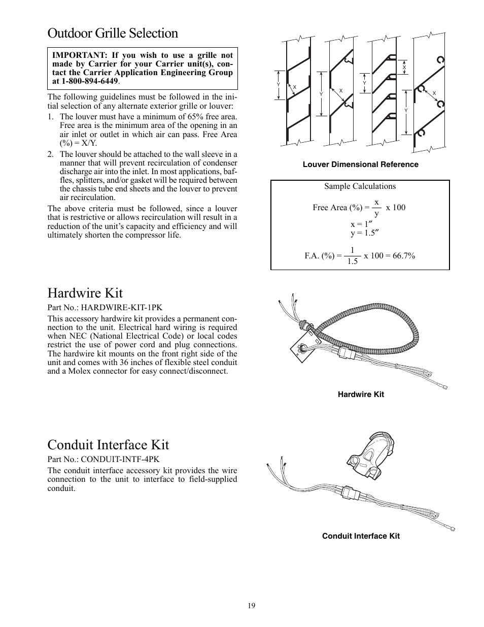 Outdoor grille selection, Hardwire kit, Conduit interface kit | Carrier Packaged Terminal s & Heat Pumps 52P User Manual | Page 19 / 56