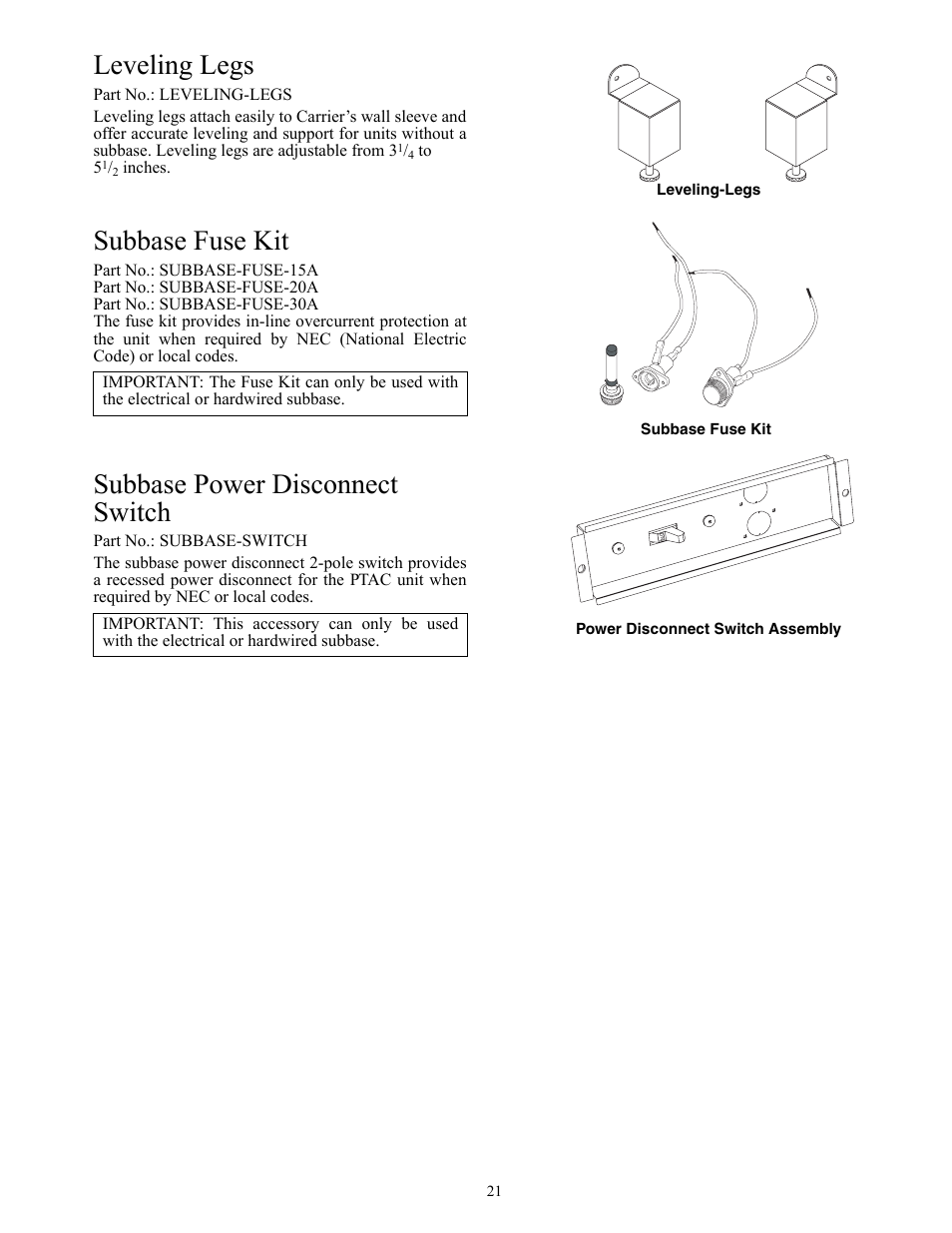 Leveling legs, Subbase fuse kit, Subbase power disconnect switch | Carrier Packaged Terminal s & Heat Pumps 52P User Manual | Page 21 / 56