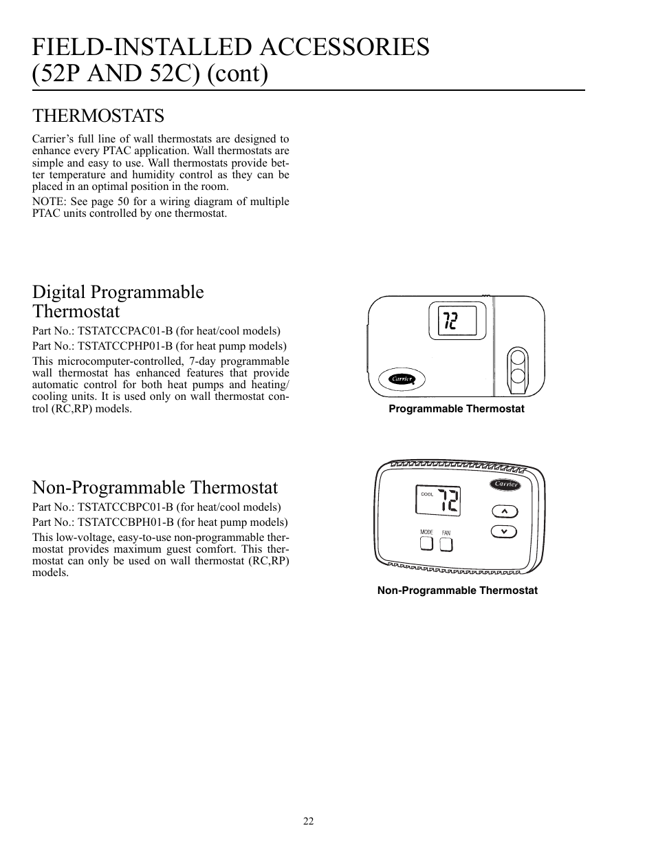Field-installed accessories (52p and 52c) (cont), Thermostats, Digital programmable thermostat | Non-programmable thermostat | Carrier Packaged Terminal s & Heat Pumps 52P User Manual | Page 22 / 56