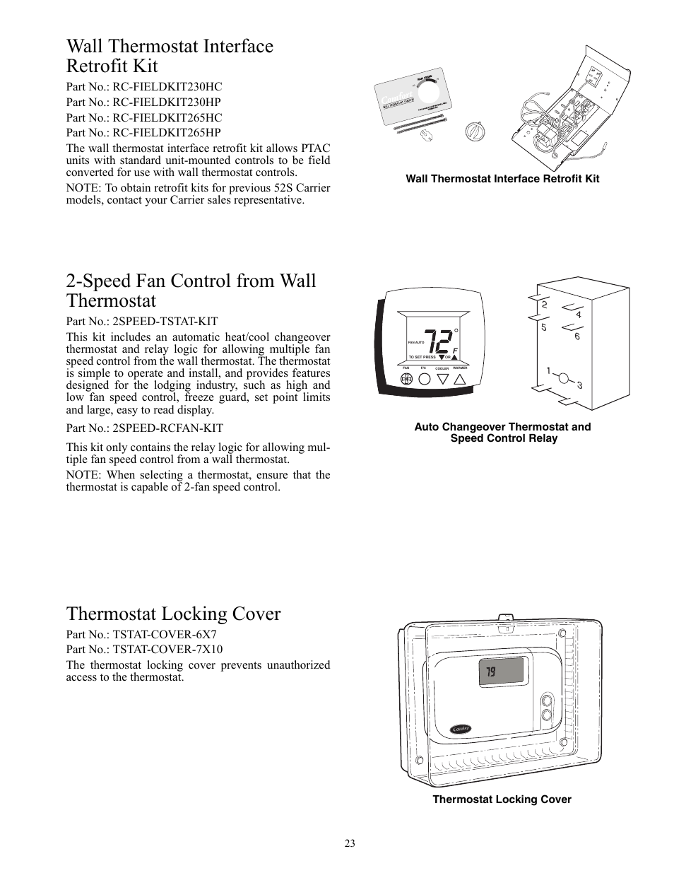 Wall thermostat interface retrofit kit, Speed fan control from wall thermostat, Thermostat locking cover | Carrier Packaged Terminal s & Heat Pumps 52P User Manual | Page 23 / 56