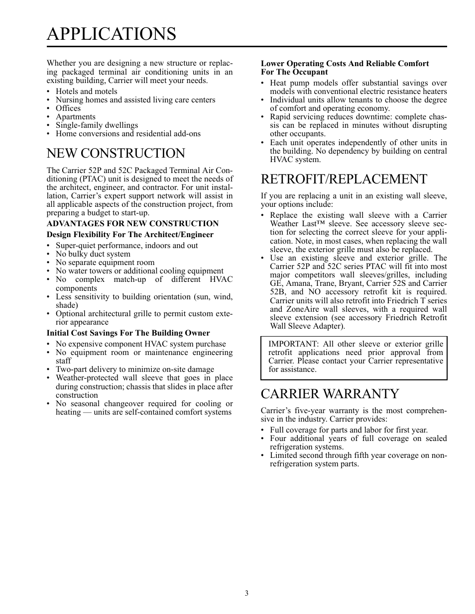 Applications, New construction, Retrofit/replacement | Carrier warranty | Carrier Packaged Terminal s & Heat Pumps 52P User Manual | Page 3 / 56