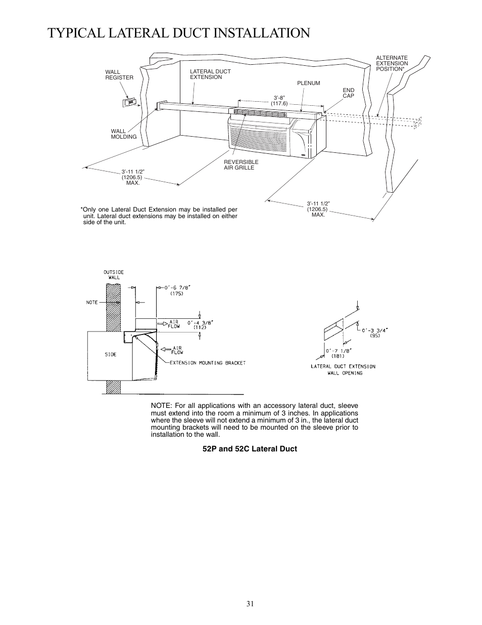 Typical lateral duct installation | Carrier Packaged Terminal s & Heat Pumps 52P User Manual | Page 31 / 56